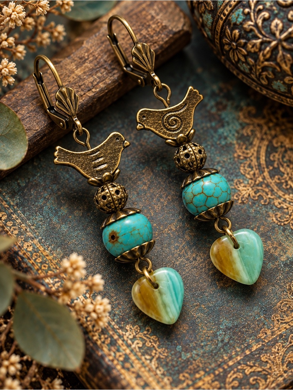 Antique Brass Bird Earrings, Czech Glass Leaves, Turquoise Inspired Beads